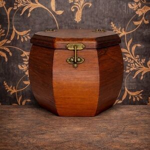 Antique Wooden Hexagonal Tea Caddy with Brass Clasp